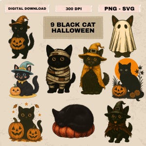 Halloween Black Cat Clipart Bundle: Funny Cartoon Dog PNG (Digital Download)