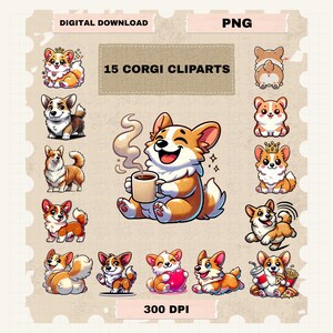 コーギーのクリップアートPNGバンドル、かわいい漫画犬アート（デジタルダウンロード）