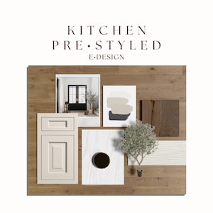 May include: A kitchen design mood board with a cream cabinet door, a marble tile with a black circular accent, and a small potted olive tree. The board includes paint swatches and a wood sample. Text reads "KITCHEN PRE-STYLED E.DESIGN."