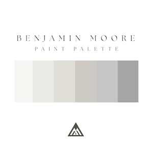 May include: A Benjamin Moore paint palette featuring six shades of neutral colors, ranging from white to gray. The text "BENJAMIN MOORE PAINT PALETTE" is displayed above the color swatches, with a logo at the bottom.