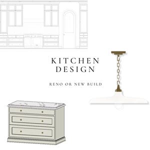 May include: A kitchen design concept with a sketch of cabinetry, a chest of drawers, and a pendant light. The text "KITCHEN DESIGN" and "RENO OR NEW BUILD" are also present. The chest has a marble top and three drawers.