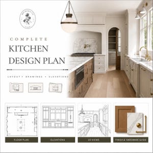 Op de afbeelding: Een compleet keukenontwerp wordt getoond, met plattegronden, tekeningen en aanzichten. Het ontwerp omvat 3D-weergaven en een afwerkings- en hardwaregids. De afbeelding toont een moderne keuken met licht houten kasten, marmeren werkbladen en een groot eiland.