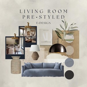 May include: A mood board for a living room pre-styled with a blue sofa, a white lamp with a brown base, a black pendant light, a book titled "A Century of Style", and a potted olive branch.