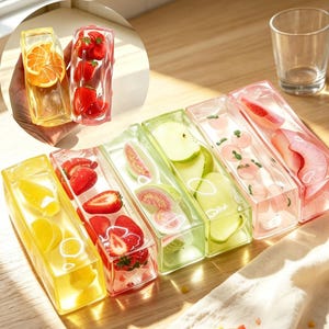 Puede incluir: Una colección de bloques rectangulares de resina transparente con rodajas de fruta incrustadas. Los bloques presentan varias frutas, incluyendo fresas, rodajas de naranja, rodajas de manzana verde y rodajas de melocotón en material sólido.