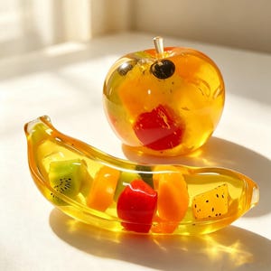 May include: A clear yellow glass apple and a clear yellow glass banana, both containing embedded colorful fruit shapes including kiwi, orange, and red pieces. The apple has a small clear stem on top, and the banana is curved with a smooth finish.