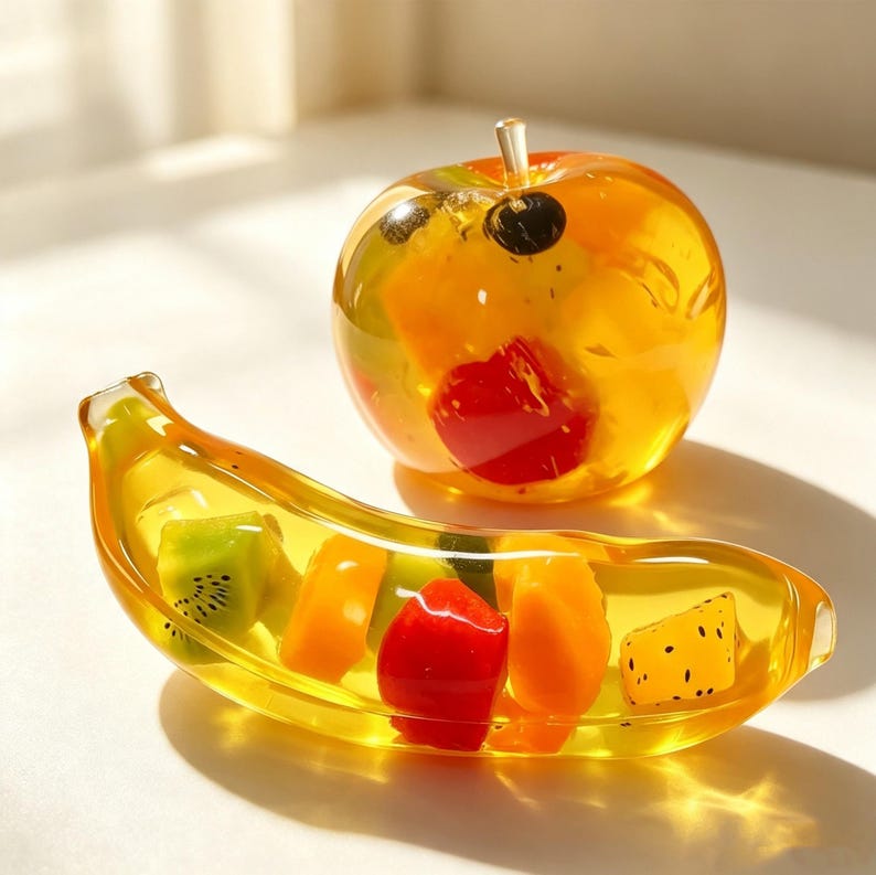 May include: A clear yellow glass apple and a clear yellow glass banana, both containing embedded colorful fruit shapes including kiwi, orange, and red pieces. The apple has a small clear stem on top, and the banana is curved with a smooth finish.