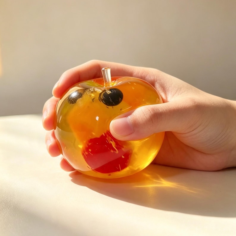 May include: A round, translucent amber-colored glass apple paperweight featuring a clear glass stem at the top. Inside the glass, there are embedded dark circular shapes and a bright red spherical element visible through the clear material.