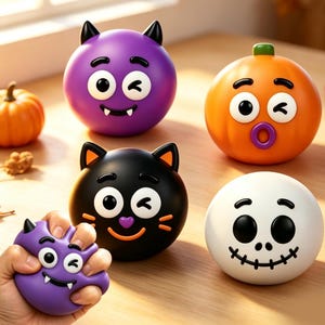 Può includere: Un set di cinque palline antistress rotonde e comprimibili con volti in stile cartoon. Il set include un diavolo viola, una zucca arancione, un gatto nero, un teschio bianco e un diavolo viola che viene schiacciato, ognuno con espressioni.