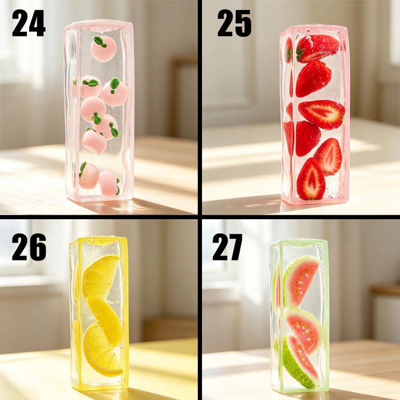 May include: Four rectangular clear resin blocks labeled 24 through 27. Block 24 contains pink peach shapes. Block 25 features red strawberry slices. Block 26 displays yellow lemon wedges. Block 27 shows green and pink watermelon slices.