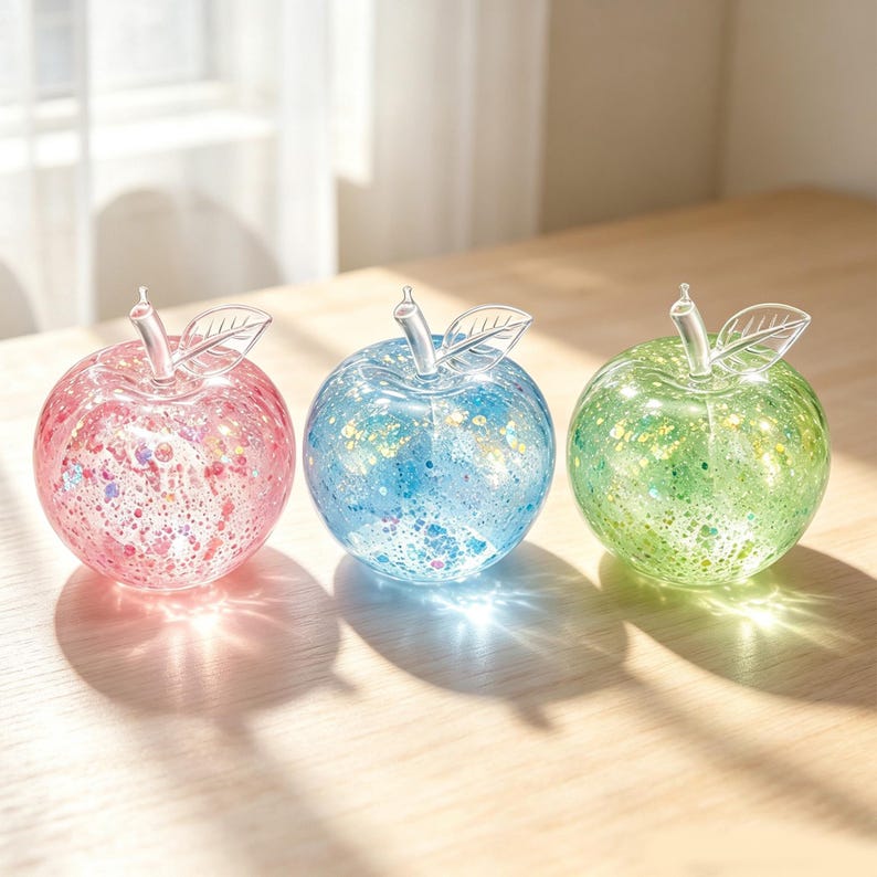 May include: Three round glass apple figurines in pink, blue, and green. Each apple features a clear glass stem with a single leaf and is filled with internal glitter and confetti particles that catch the light, creating a sparkling effect.