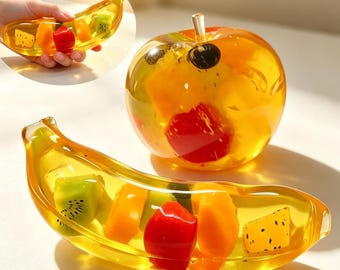 Gelée de fruits transparente à presser, jouet anti-stress banane-pomme en gel transparent, jouet anti-stress salade de fruits, jouet ASMR, décoration de bureau kawaii en faux aliments