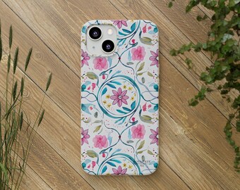 Biologisch afbreekbare telefoonhoes met bloemenmotief, milieuvriendelijke hoes voor natuurliefhebbers, duurzaam cadeau, kleurrijke bloemenkunst