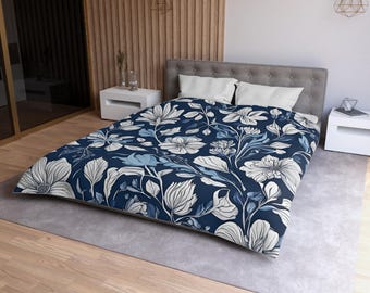 Navy Floral Microfiber Duvet Cover, Elegant Bedding, Cozy Home Decor, Boho Bedroom, Gift for Her, Spring Home Makeover