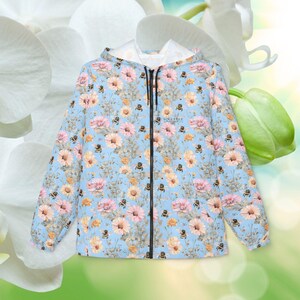 Floral Bee Windbreaker Jacket - Lightweight Rain Coat, Spring Fashion, Garden Lover Gift, Outdoor Adventure, Nature Walks