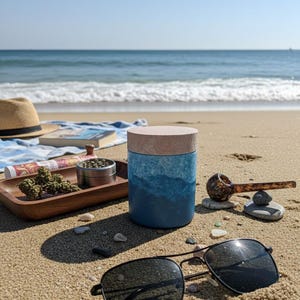 Pode incluir: Um recipiente de cerâmica azul e bege com tampa de madeira está em uma praia arenosa ao lado de um cachimbo, óculos de sol e uma bandeja com ervas e um moedor. Um chapéu de palha e um livro estão em um cobertor azul e branco no fundo.