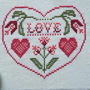 Love Heart Flowers Cross Stitch Pattern: Primitive Valentine Sampler (PDF Download)