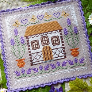 Lavender Cottage Cross Stitch Pattern – PDF Instant Download – Floral House Primitive Sampler with Potted Lavender and Lace Border