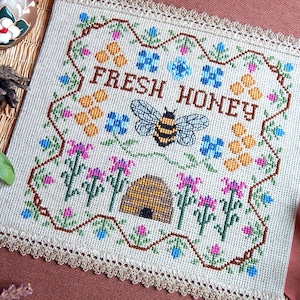 Fresh Honey Cross Stitch Pattern – Primitive sampler PDF Embroidery Design with Bee, Hive, Flowers – Summer Garden Decor
