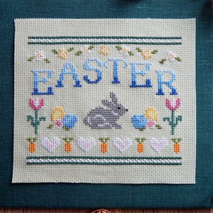 Easter Joy cross stitch pattern Primitive sampler Cute Bunny Flowers Easter Eggs Spring decor Counted cross stitch design PDF download