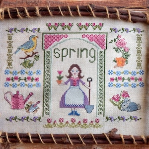 Spring Time cross stitch pattern, Sampler Girl in the Garden, Flowers, Bird, Bunny, Seasonal cross stitch design