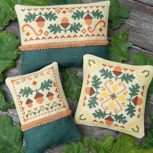 Acorn Gathering Cross Stitch Pattern: Autumn Primitive Trio (PDF Download)