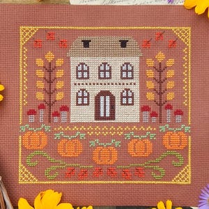 Autumn Homestead Cross Stitch Pattern Fall Decor (PDF Download) with pumpkins, mushrooms, country house