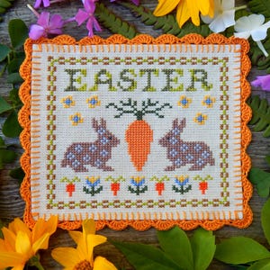 Easter cross stitch pattern with bunnies and carrots Spring cross stitch chart PDF download