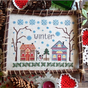 Winter Time cross stitch pattern primitive sampler Winter Town cross stitch chart PDF download