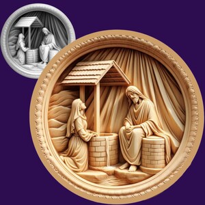 May include: A detailed, circular relief carving depicts a biblical scene. Two figures are positioned near a well with a small roof. The figures are carved in a light beige color, set against a backdrop of draped fabric, all within a decorative frame.