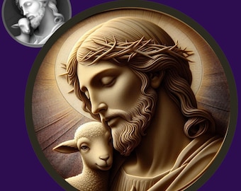 Può includere: Un primo piano di un rilievo in legno intagliato che rappresenta Gesù Cristo con una corona di spine, che tiene un agnello tra le braccia. L'immagine è in una cornice circolare con uno sfondo marrone chiaro.