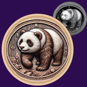 Puede incluir: Escultura en relieve de un oso panda en tonos bronce dentro de un marco circular. El panda, con su distintivo pelaje blanco y negro, se representa caminando sobre una superficie texturizada. Una versión más pequeña en escala de grises del panda está en la esquina superior derecha.