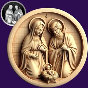 Menino Jesus, Virgem Maria e José Mapa de profundidade a laser 3D | PNG | Gravação de profundidade | moeda de latão | imagens de alta qualidade | queima de luz | Tons de cinza