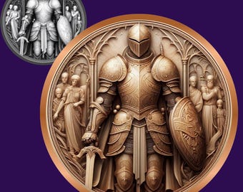 May include: A detailed, ornate, golden relief sculpture of a knight in armor holding a sword and shield. The knight is surrounded by other figures, including a woman and a man, all carved in a similar style.