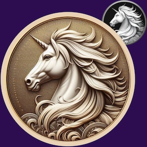 May include: A detailed, cream-colored unicorn head in profile, set within a gold-toned circular frame. The unicorn has a long, flowing mane and a spiraled horn. A smaller, similar image is in the upper right corner. The background is a deep purple.