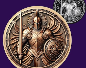 May include: A bronze-colored relief sculpture of an armored figure holding a sword and shield, set within a circular frame. The figure wears a helmet and has wings. A smaller, grayscale version of the design is in the upper right corner.