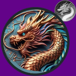 May include: A detailed illustration of a golden dragon with a teal eye, set within a circular frame. The dragon's scales are a mix of gold and bronze, with accents of blue and pink. A smaller, grayscale dragon image is in the upper right corner.
