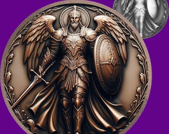 May include: A bronze-colored round medallion featuring a detailed depiction of an angel in full armor, holding a sword and shield. The angel has large wings and a halo. A smaller, grayscale version of the image is in the upper right corner. The medallion is surrounded by a decorative border.