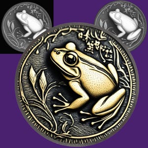 May include: A detailed, gold-colored frog design on a dark gray coin. The frog is surrounded by botanical elements. Two smaller, grayscale versions of the coin are in the background. The coin has a decorative edge and is set against a purple background.