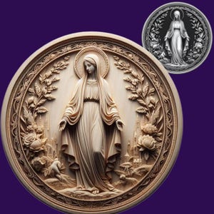 Arquivo Laser 3D da Virgem Maria | mapa de profundidade | PNG | Gravação de profundidade | moeda de latão | imagens de alta qualidade | lightburn | Tons de cinza | CNC | Nossa Senhora