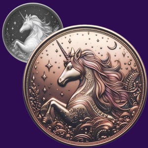 May include: Two round, bronze-colored medallions featuring a unicorn design. The main medallion shows a detailed unicorn with flowing mane, stars, and a crescent moon. A smaller, grayscale version is in the background.