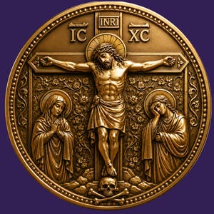 May include: A circular bronze-toned relief plaque depicting the crucifixion of Jesus on a cross with the letters INRI, IC, and XC. Two figures stand at the base of the cross, one with hands clasped and one with a hand to the head, above a skull and crossbones.