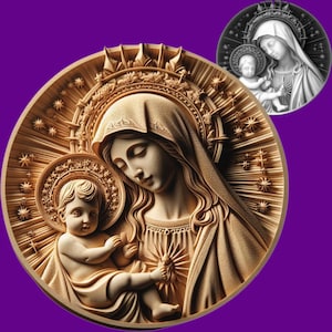 May include: A detailed, circular relief sculpture of the Virgin Mary and baby Jesus in a warm, golden hue. The figures are surrounded by a halo of light and stars, with intricate details in their clothing and faces. A smaller, grayscale version is in the upper right.