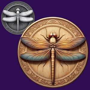 Mapa de profundidade a laser 3D Dragonfly | Arquivo PNG | Gravação de profundidade | moeda de latão | imagens de alta qualidade | lightburn | Tons de cinza | Arquivo a laser | Dragonfly