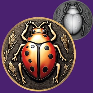 May include: A detailed, circular, bronze-colored emblem featuring a ladybug with black spots on its red and orange shell. The ladybug is surrounded by gold-colored leaves and a gold border. A smaller, silver-colored version of the emblem is in the background.