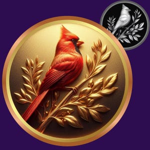May include: A detailed illustration of a red cardinal bird perched on a golden branch with leaves, set against a gold background within a circular frame. A smaller, grayscale version of the bird is in the upper right corner. The background is a deep purple.