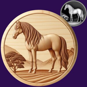 May include: A wooden carving of a horse standing in a field with a tree. The horse is brown and white and has a long mane and tail. The carving is detailed and realistic.