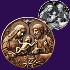 Virgem Maria | Jesus | José | Mapa de Profundidade de Moedas | Arquivo Laser | Gravação Laser 3D | Xtool | Lightburn | Ilusão 3D | Glowforge | Arte CNC | Santo