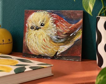 Fluffy Yellow Bird Acrylic Painting, Original Small Bird Art, ACEO bird  Artwork