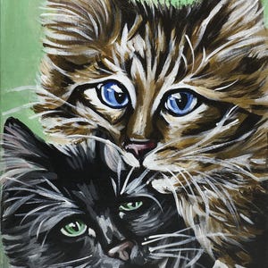 Cute Forest Kittens Painting / Original Acrylic Painting / Cat Portrait Original Artwork / Small Home Decor / Cat Art / Animal Paintings