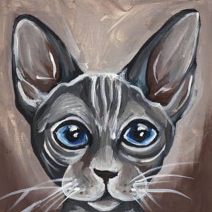 Retrato de gato esfinge bebé / Pintura acrílica original / Pintura pequeña de aceo / Obra de arte original de gato / Arte de gato egipcio / Pintura pequeña